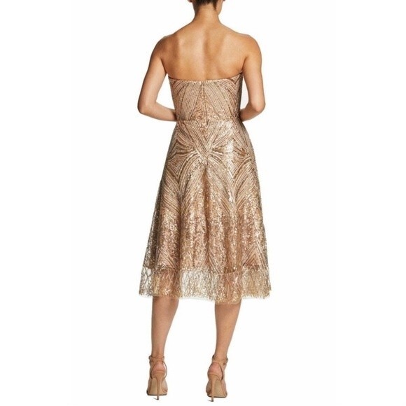 Dress the Population New! Sarah Sequin Lace Strapless Fit&Flare Dress Platinum - Picture 2 of 16